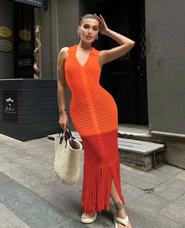 Robe longue crochet et franges