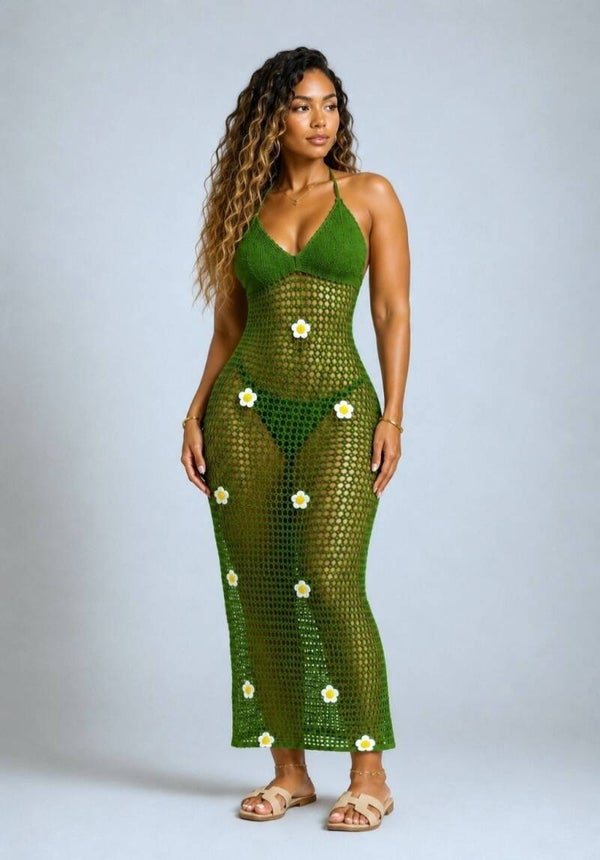 Robe crochet Camélia verte