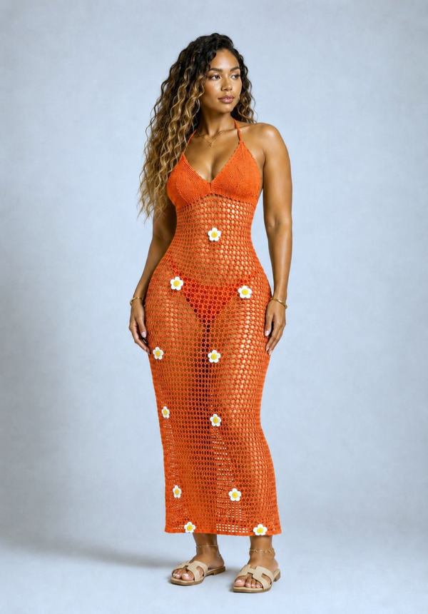 Robe crochet Camélia orange