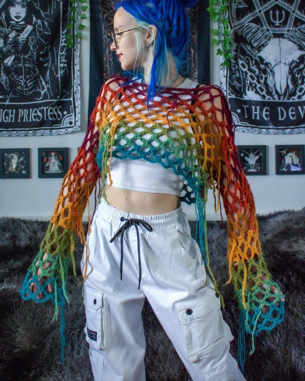 Fishnet Longsleeve Crop Top - Muted Rainbow