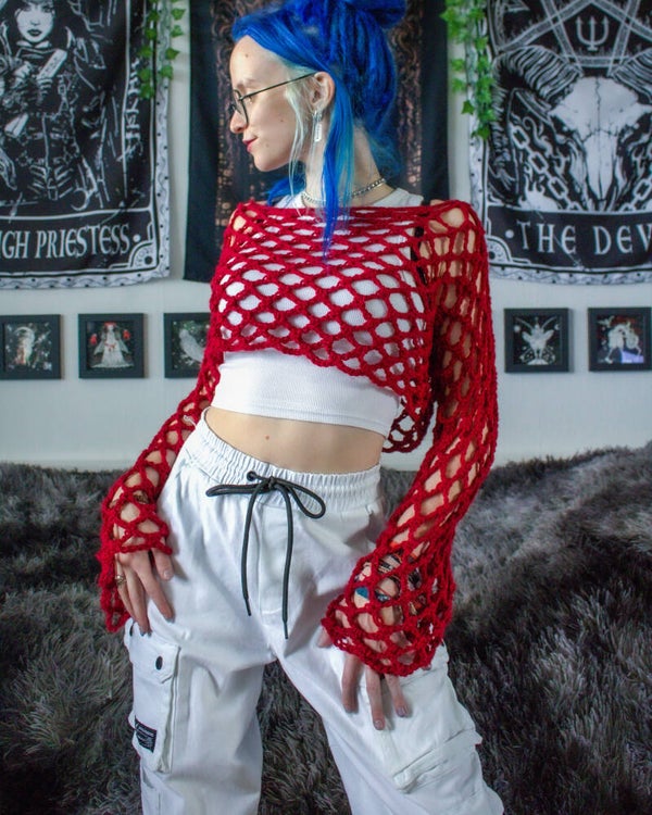 Fishnet Longsleeve Crop Top - Red
