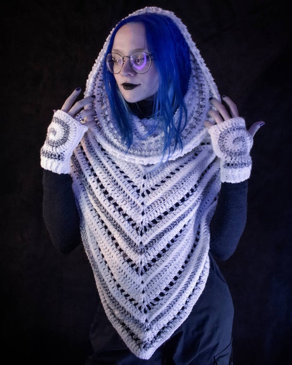 Wild Oleander Hooded Scarf - White & Grey