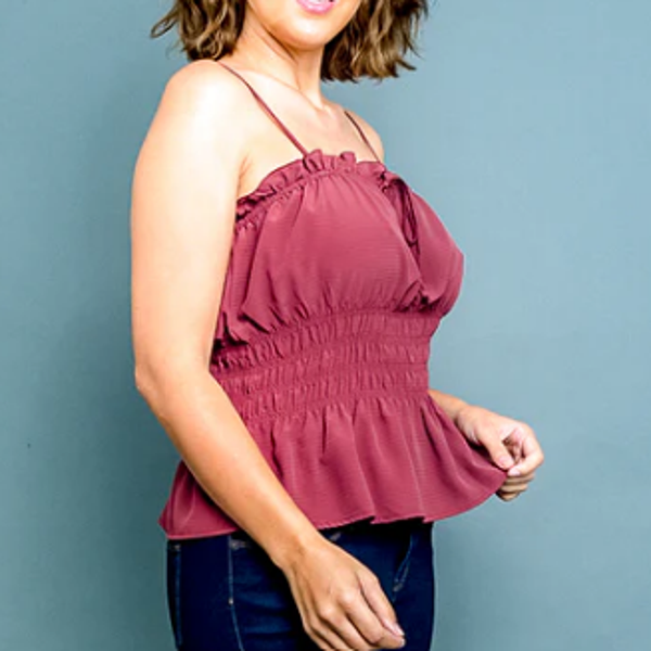 lus Size Ruffle Square Neck Spaghetti Strap Top with Smocked Waist in Mulberry