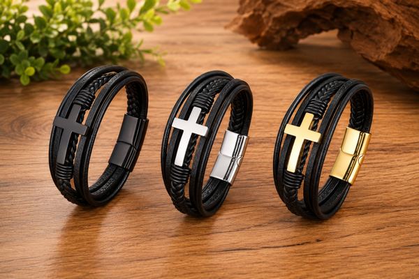 Heren leren armband met Kruis