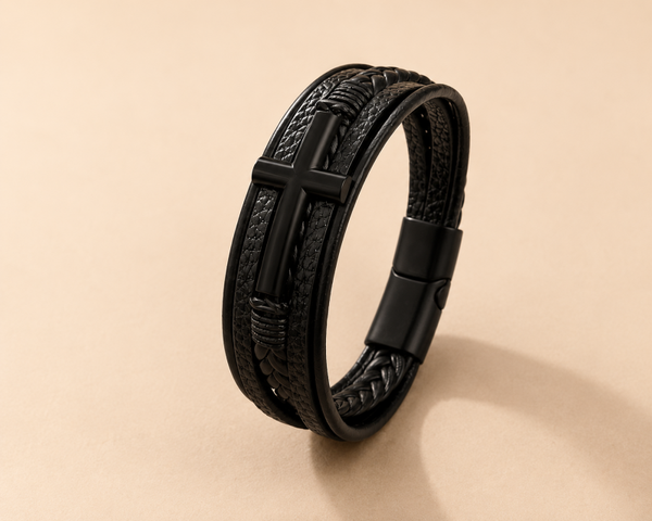 Heren leren armband Kruis Zwart