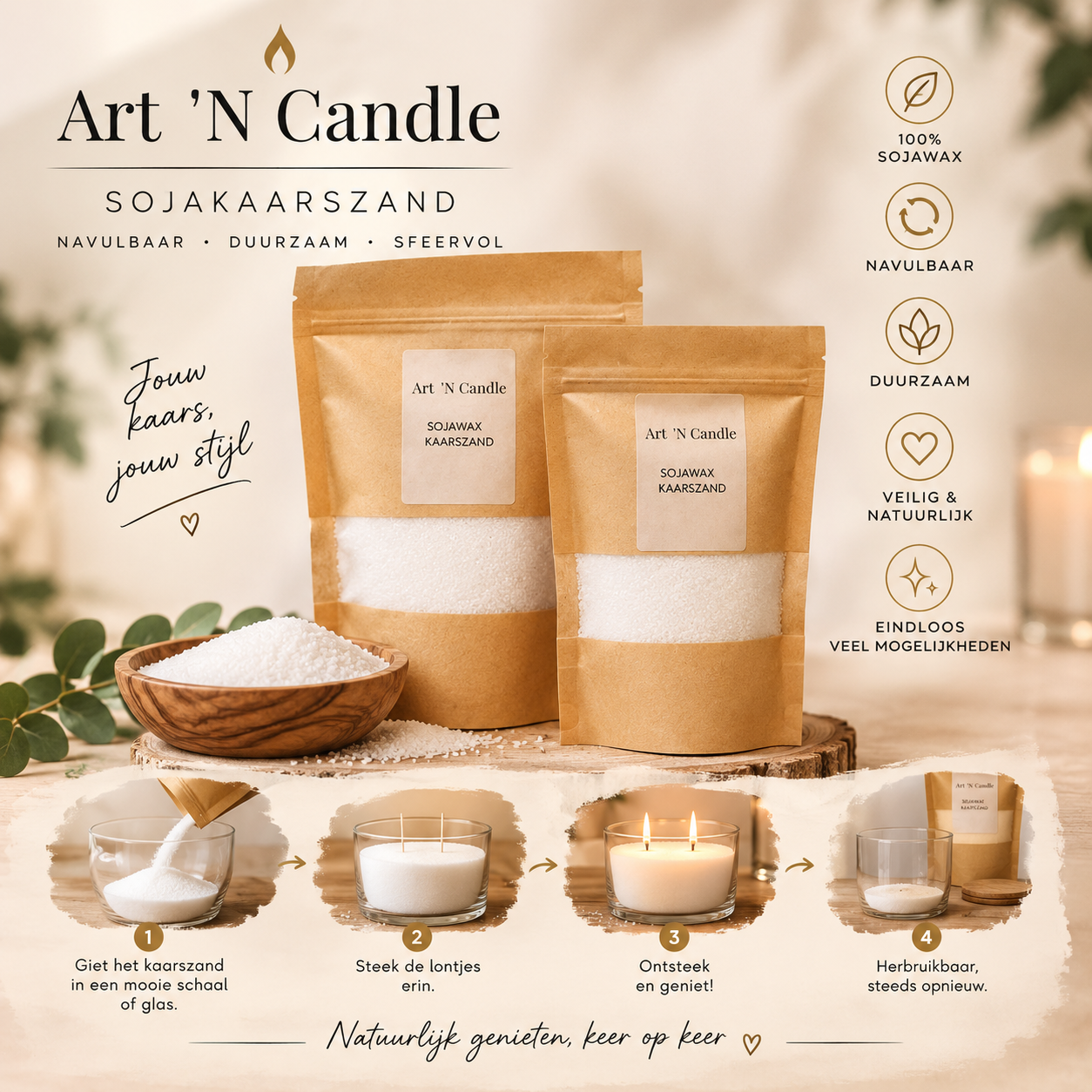 Kaarszand van sojawax – Art ’n Candle | Navulbaar & Duurzaam