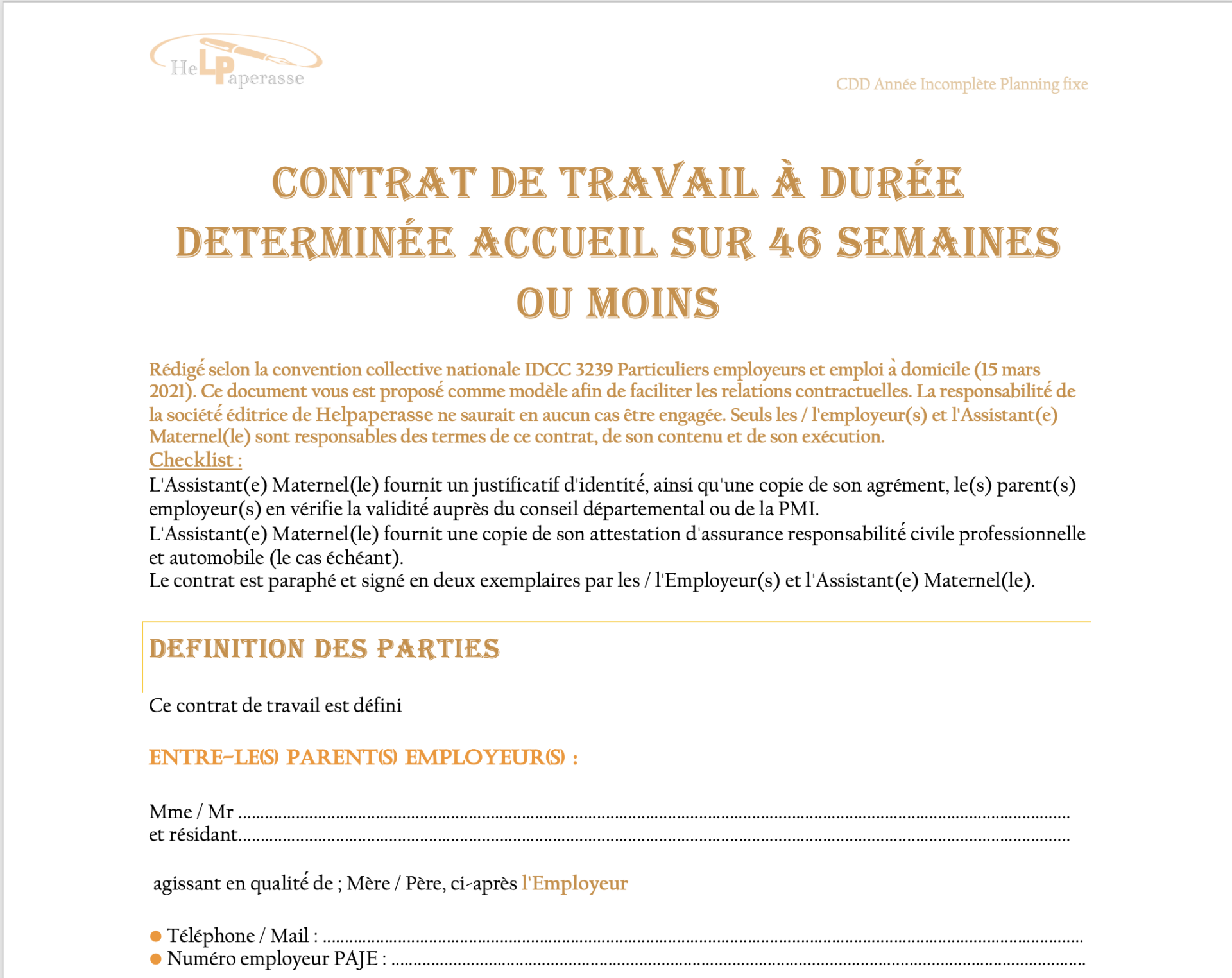 Modèle de Contrat de Travail CDD – Assistant(e) Maternelle (Accueil sur 46 semaines ou moins / Planning Fixe)