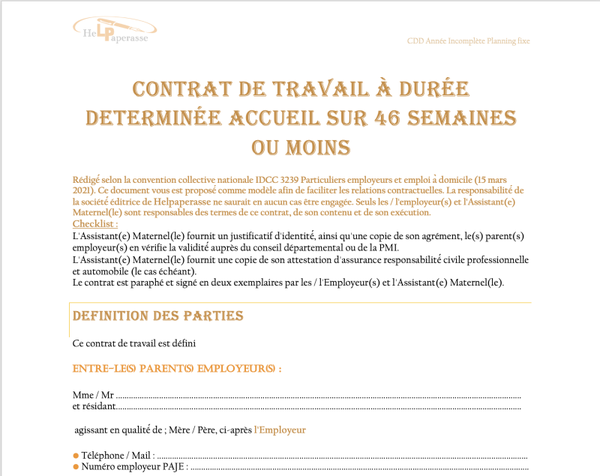 Modèle de Contrat de Travail CDD – Assistant(e) Maternelle (Accueil sur 46 semaines ou moins / Planning Fixe)