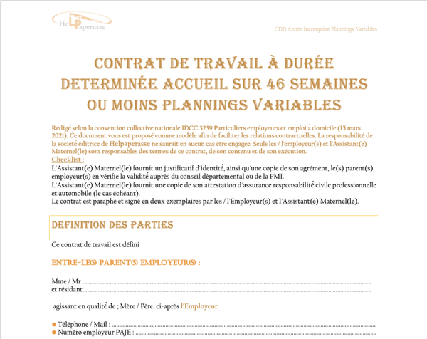 Modèle de Contrat de Travail CDD – Assistant(e) Maternelle | Plannings Variables & Année Incomplète (≤ 46 semaines)