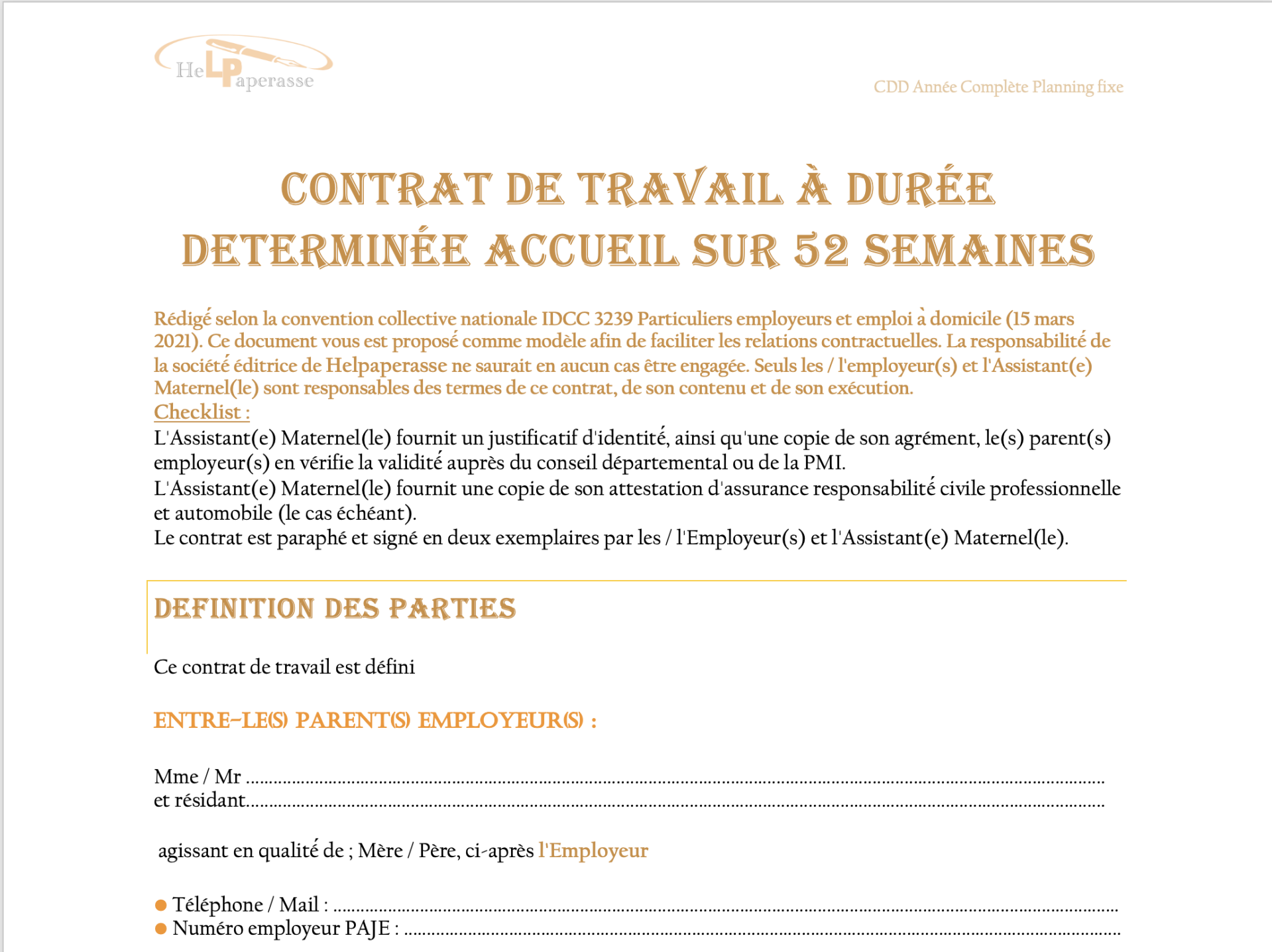 Modèle de Contrat de Travail CDD – Assistant(e) Maternel(le) (Accueil sur 52 semaines - Planning fixe)