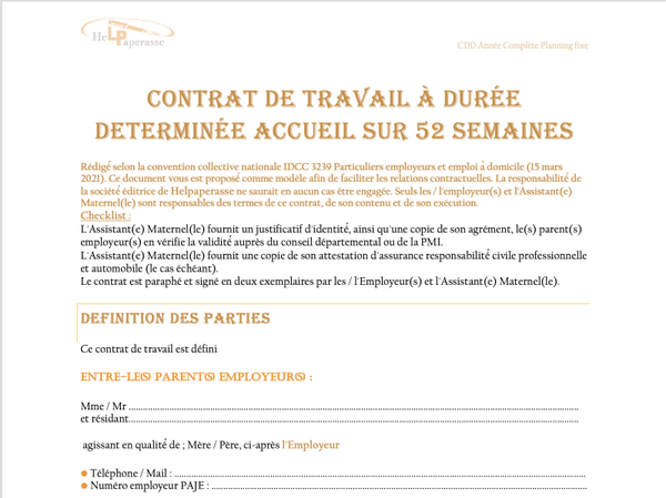 Modèle de Contrat de Travail CDD – Assistant(e) Maternel(le) (Accueil sur 52 semaines - Planning fixe)