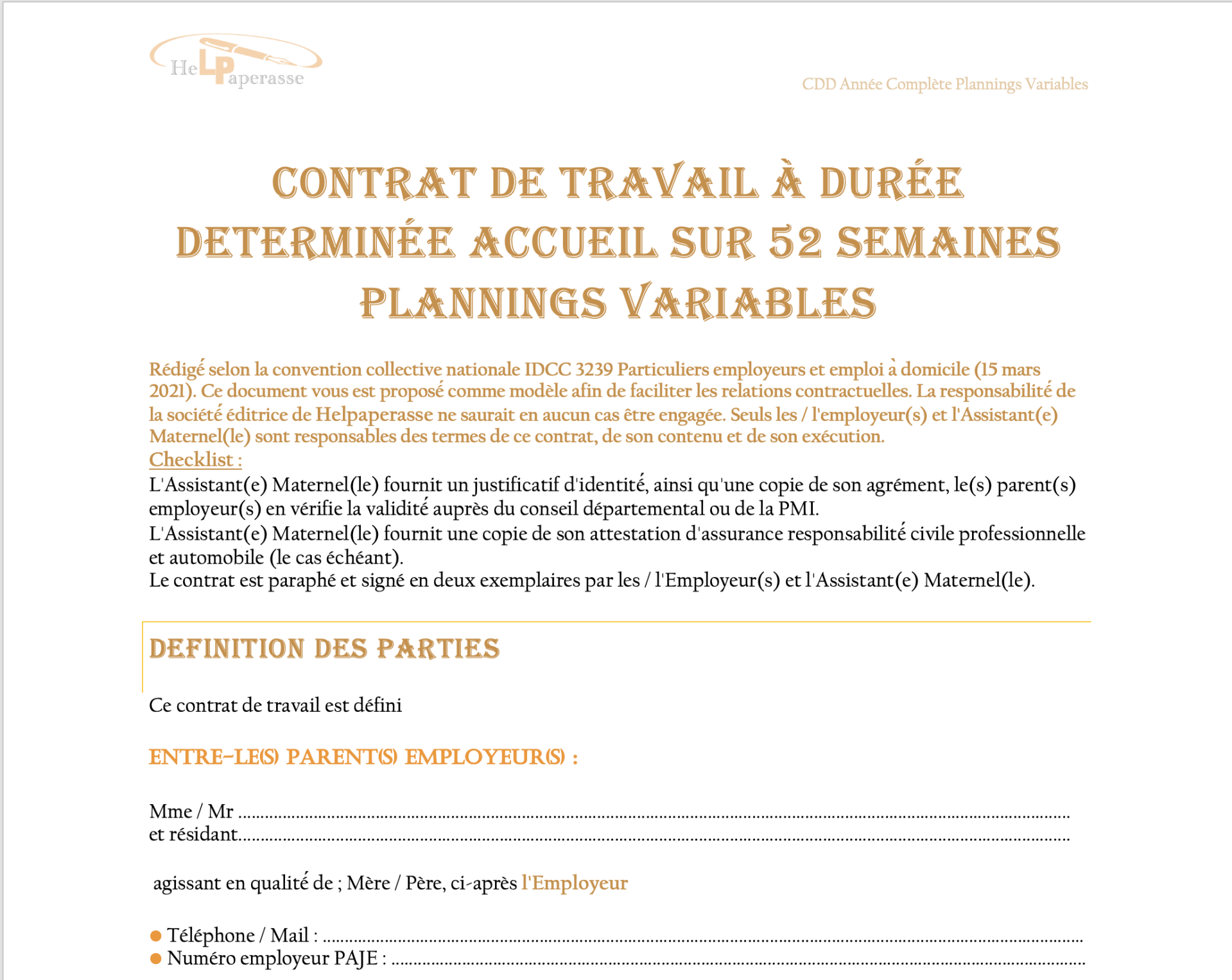 Modèle Contrat de travail CDD – Assistant(e) Maternel(le) | Année Complète & Plannings Variables