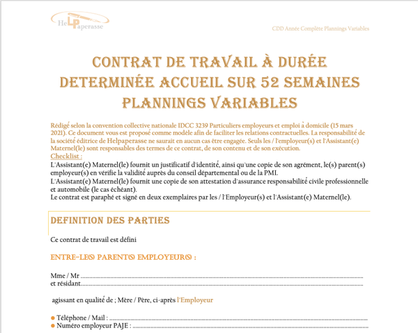 Modèle Contrat de travail CDD – Assistant(e) Maternel(le) | Année Complète & Plannings Variables