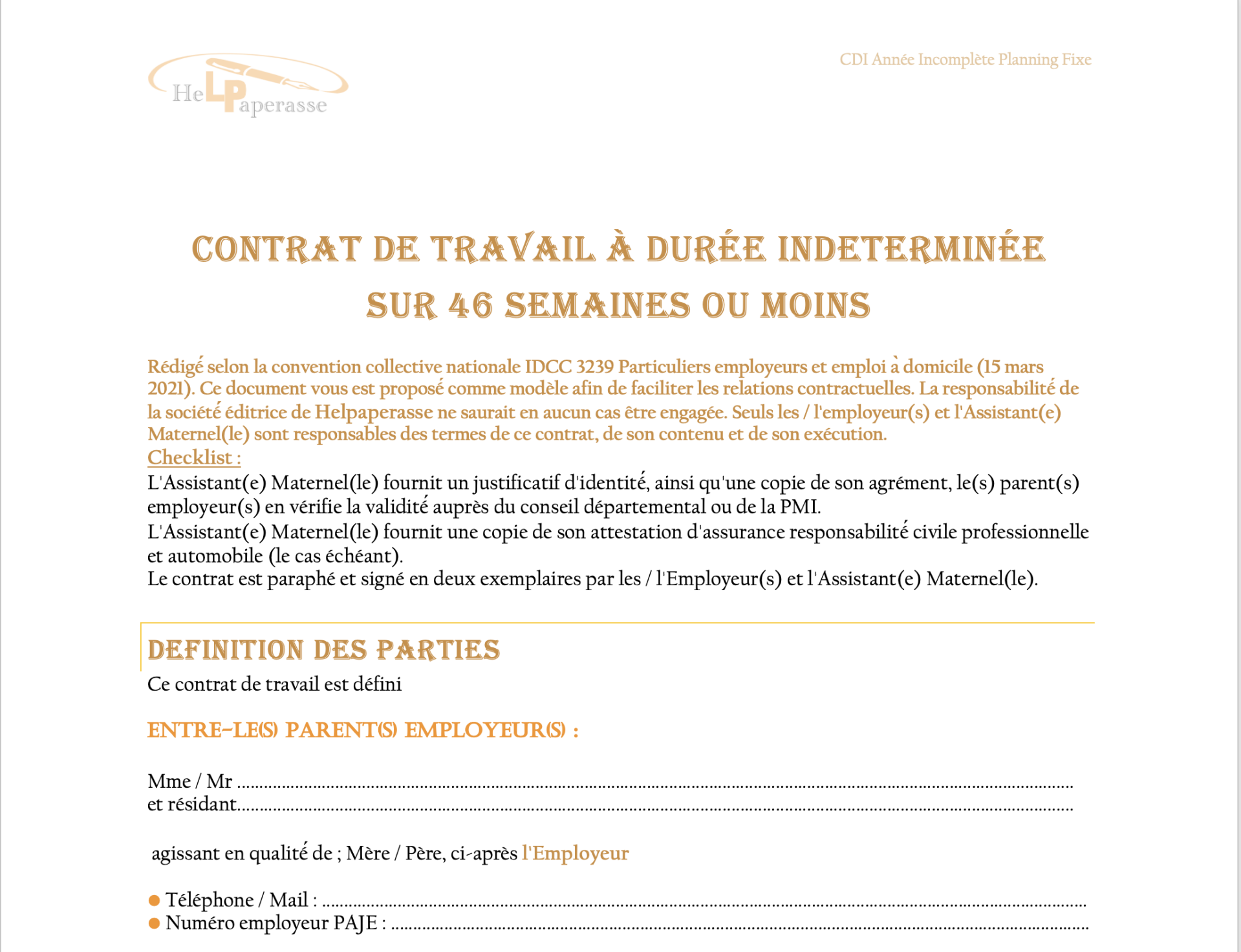 Modèle de Contrat de Travail Assistante Maternelle (CDI - 46 semaines ou moins, Planning Fixe)