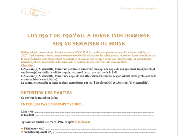 Modèle de Contrat de Travail Assistante Maternelle (CDI - 46 semaines ou moins, Planning Fixe)