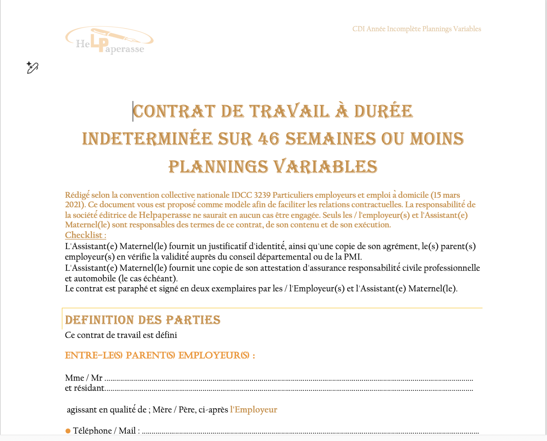 Modèle de Contrat CDI Assistant Maternelle – Année Incomplète (46 semaines ou moins) & Plannings Variables