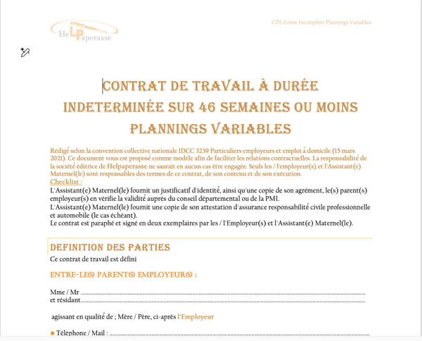 Modèle de Contrat CDI Assistant Maternelle – Année Incomplète (46 semaines ou moins) & Plannings Variables