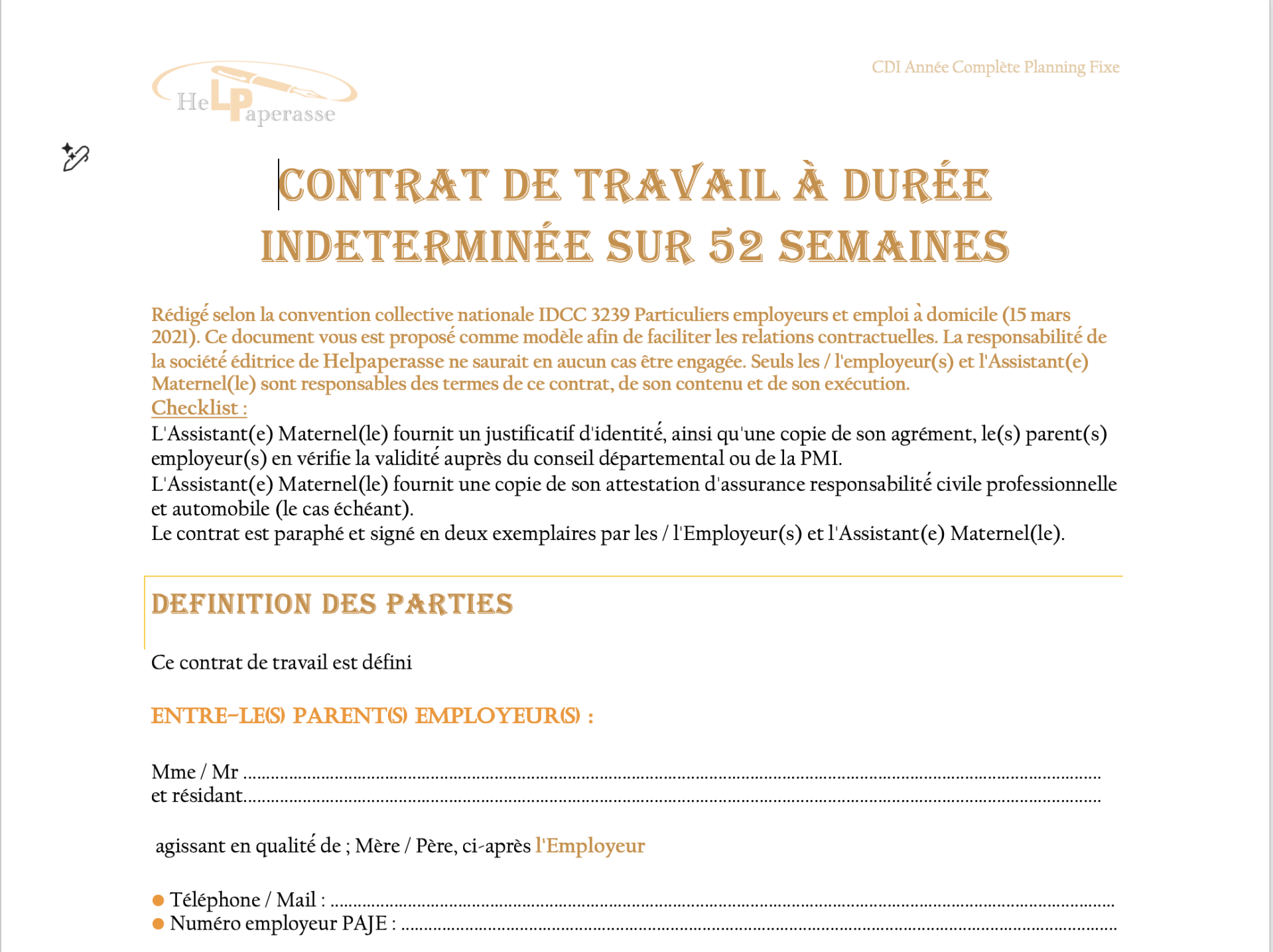 Modèle de Contrat de Travail Assistante Maternelle – CDI 52 semaines (Planning Fixe)