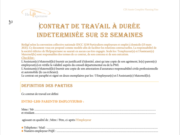 Modèle de Contrat de Travail Assistante Maternelle – CDI 52 semaines (Planning Fixe)
