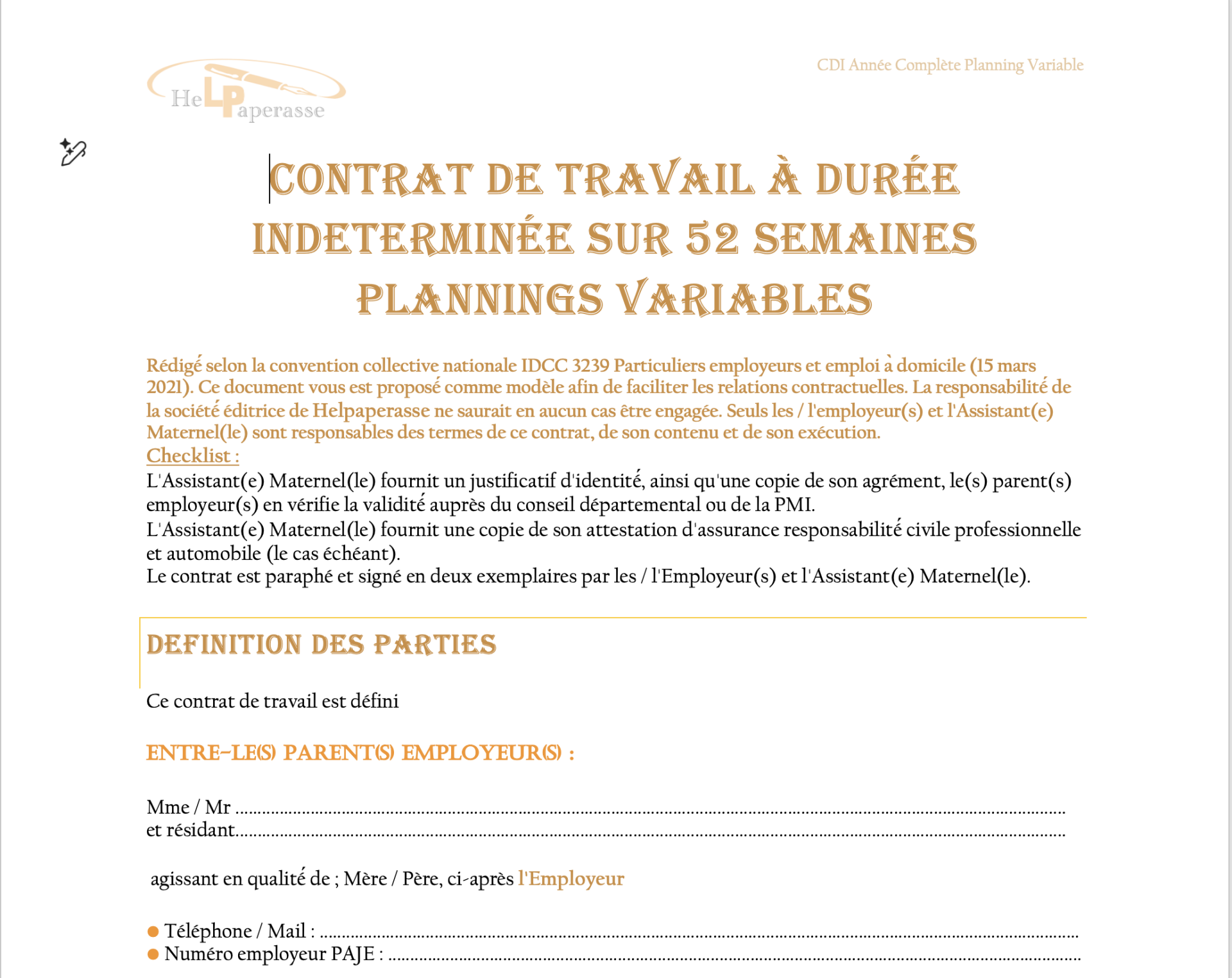 Modèle Contrat de Travail Assistant Maternelle (CDI - 52 semaines - Plannings Variables)