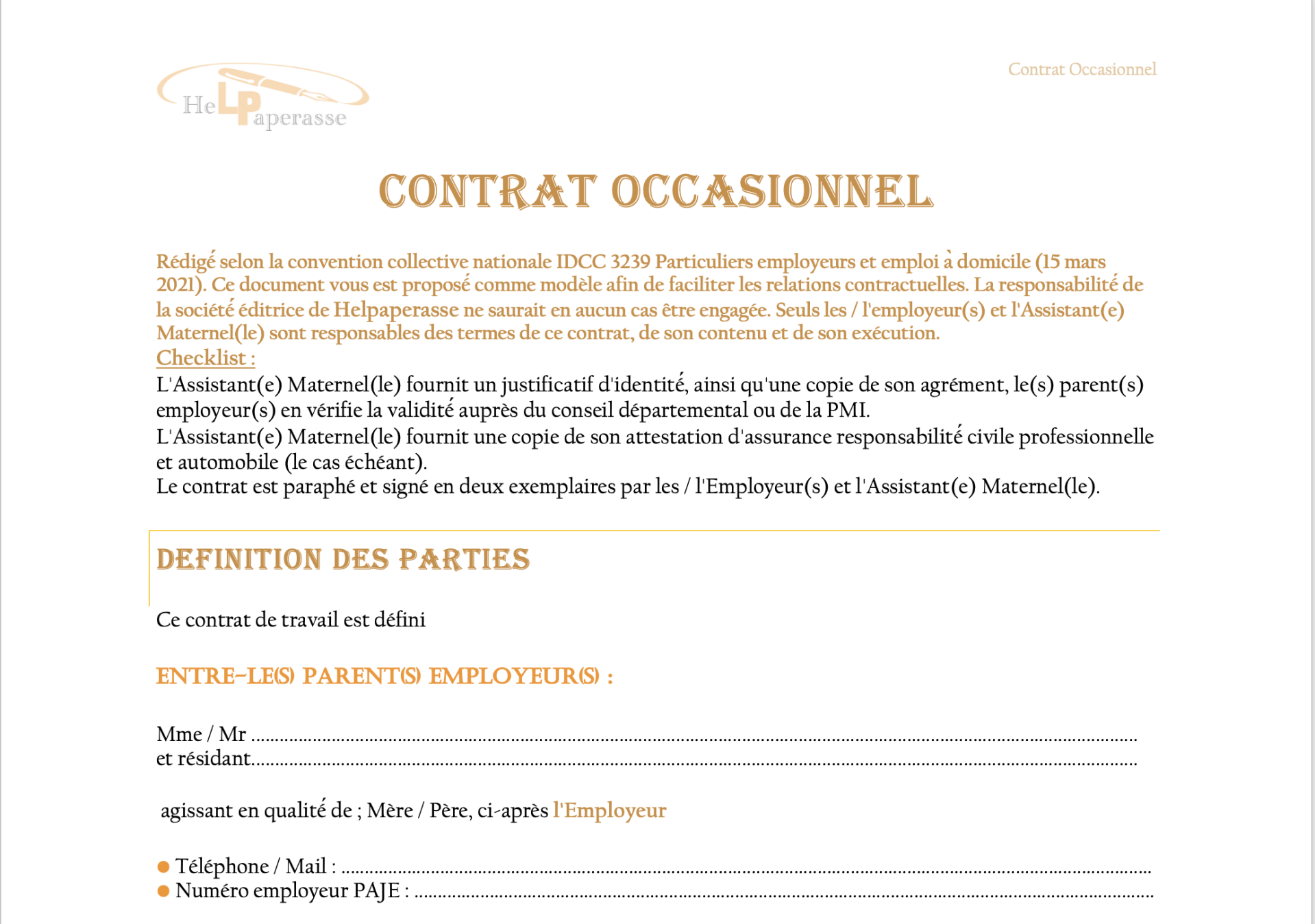 Modèle de Contrat de Travail Occasionnel – Assistant(e) Maternel(le)