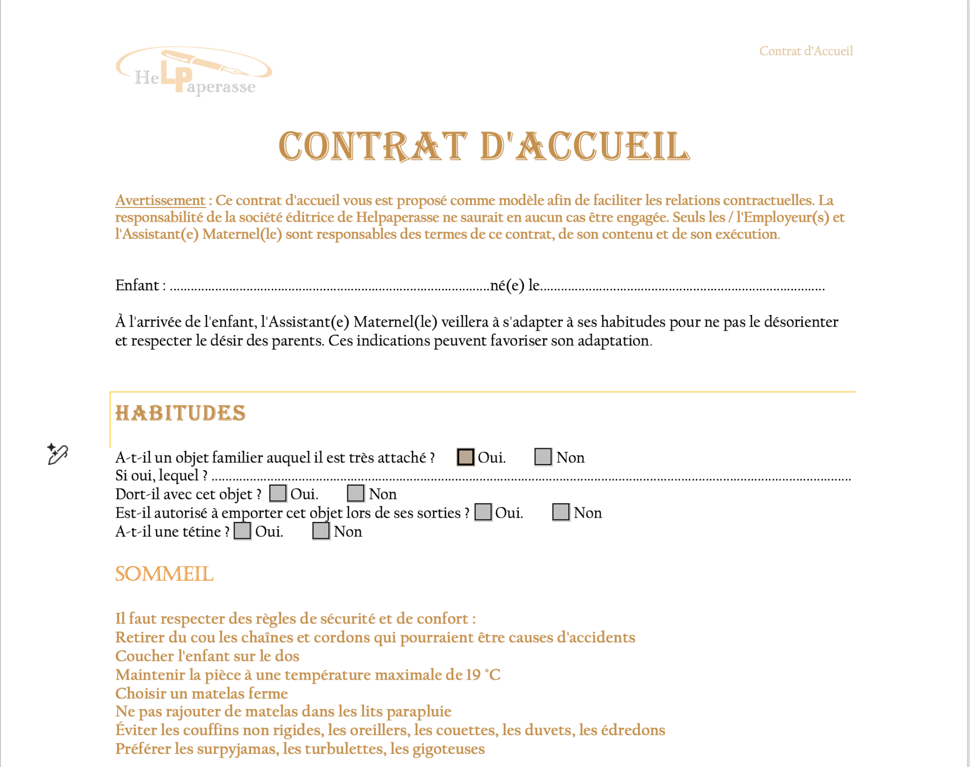 Modèle de Contrat d'Accueil pour Assistant(e) Maternel(le)