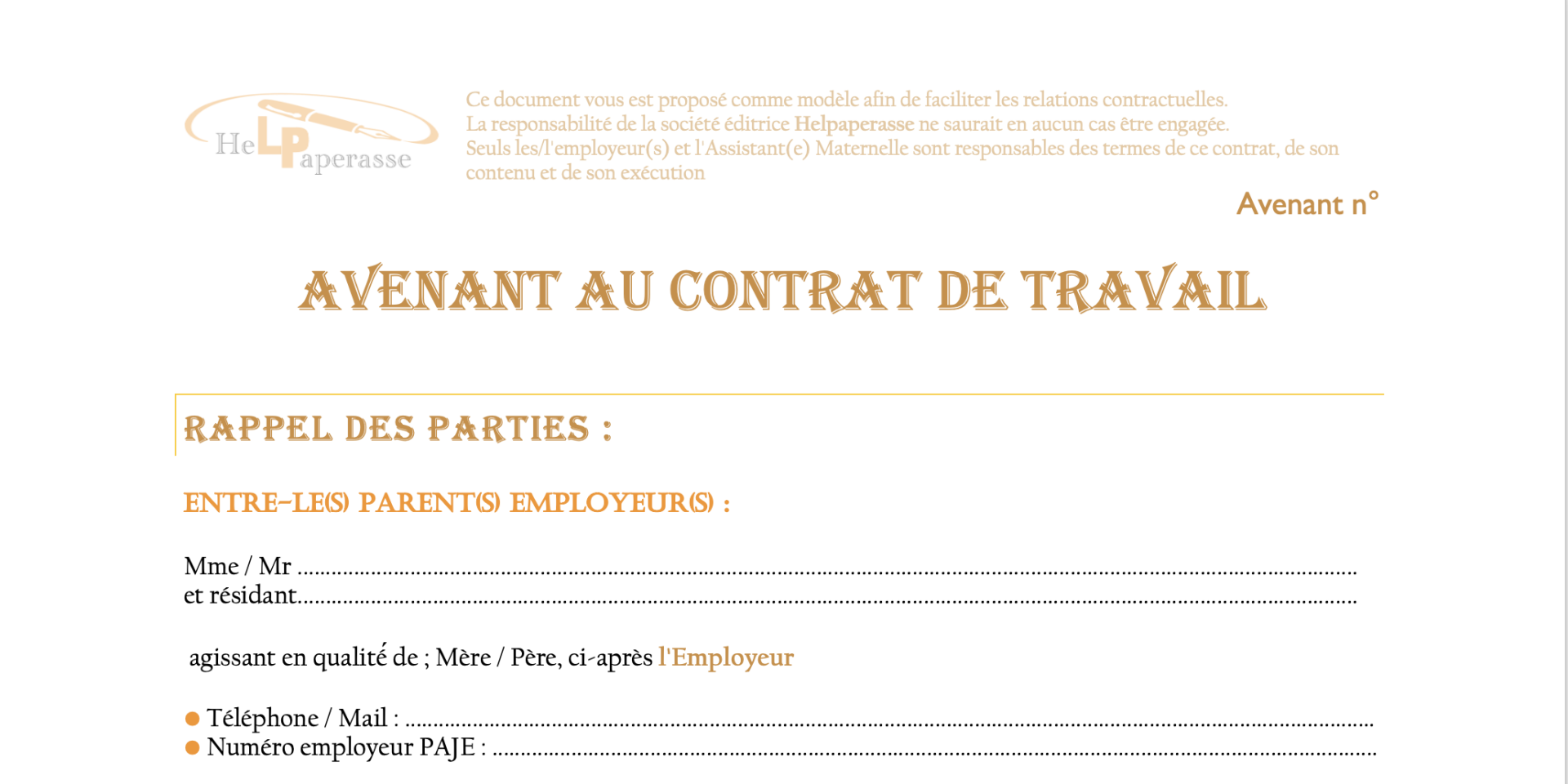 Modèle d'Avenant au Contrat de Travail – Assistant(e) Maternels(le)