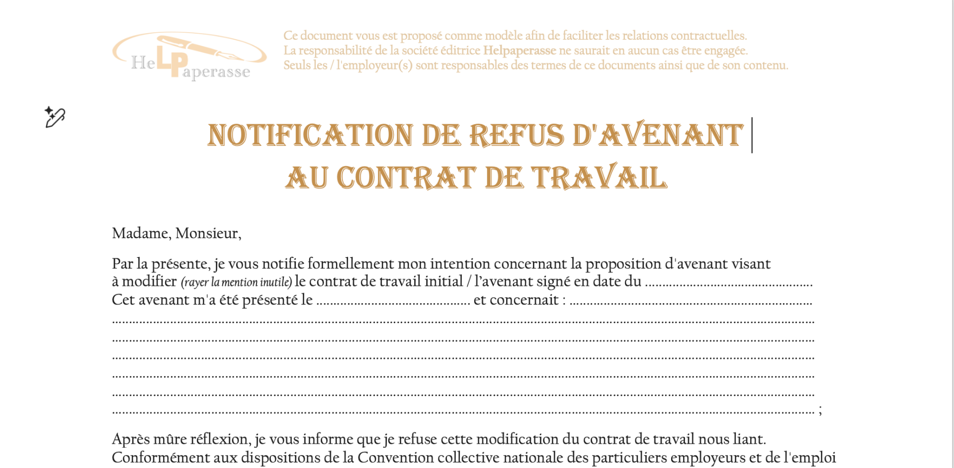 Modèle de Lettre : Notification de Refus d'Avenant au Contrat de Travail