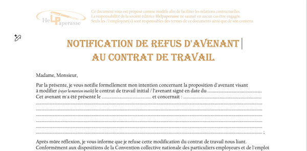 Modèle de Lettre : Notification de Refus d'Avenant au Contrat de Travail