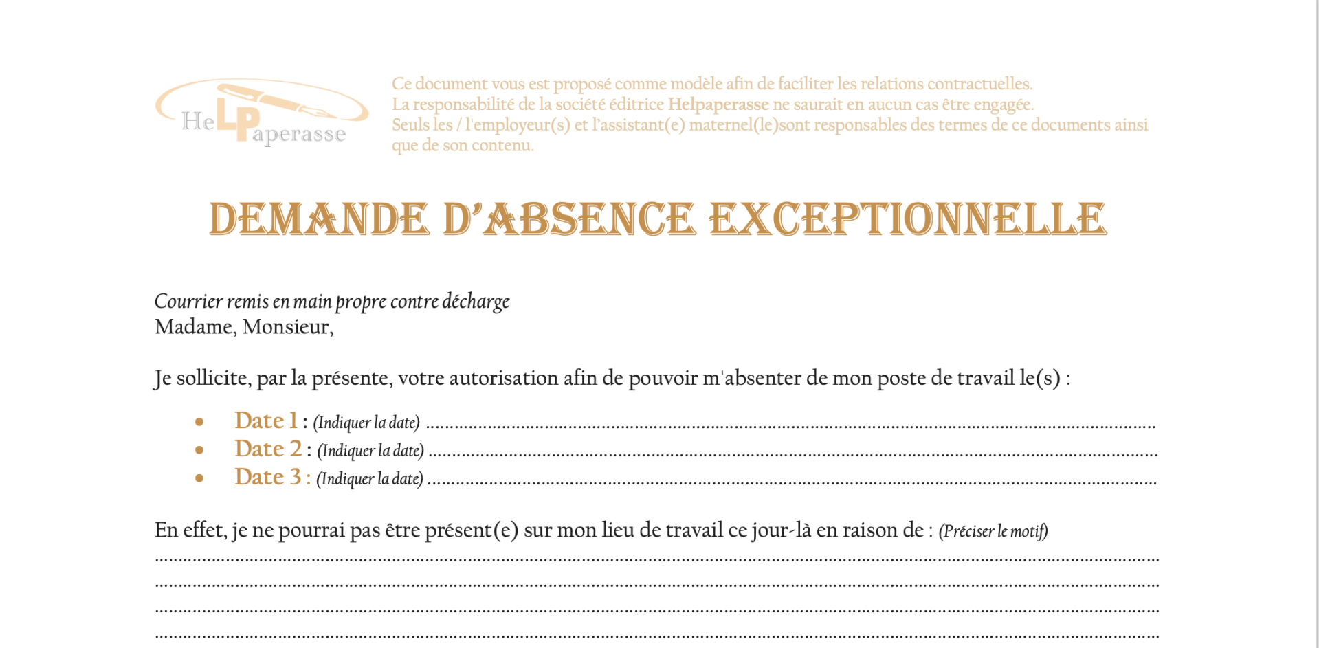 Modèle de Demande d'Absence Exceptionnelle – Assistant(e) Maternel(le)