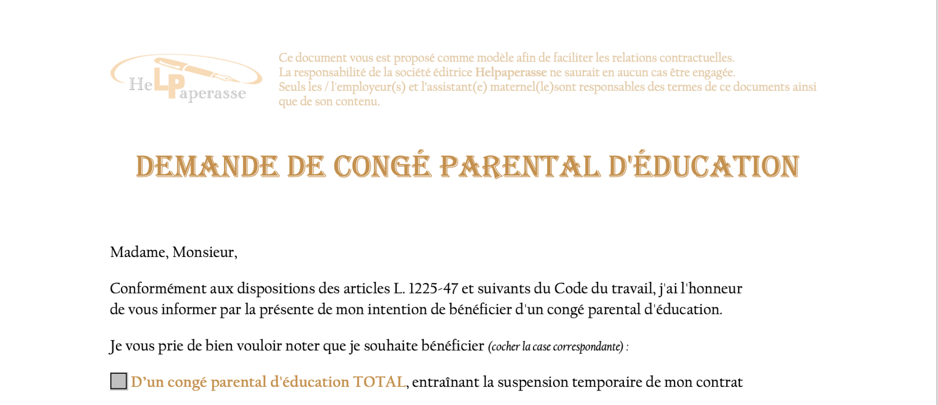 Modèle de Lettre : Demande de Congé Parental d'Éducation