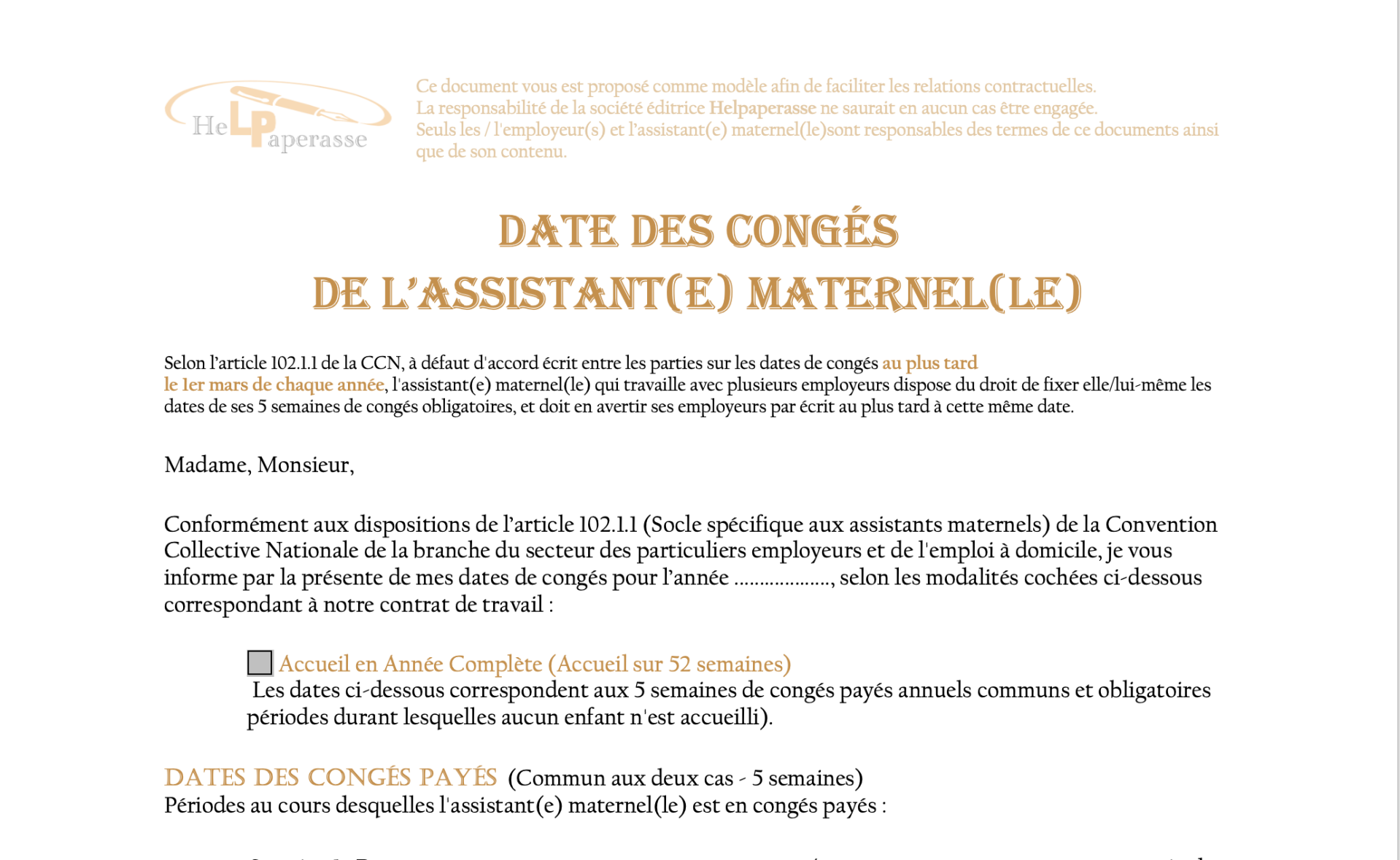 Modèle de Lettre : Notification des Dates de Congés (Assistant(e) Maternel(le)