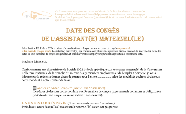 Modèle de Lettre : Notification des Dates de Congés (Assistant(e) Maternel(le)