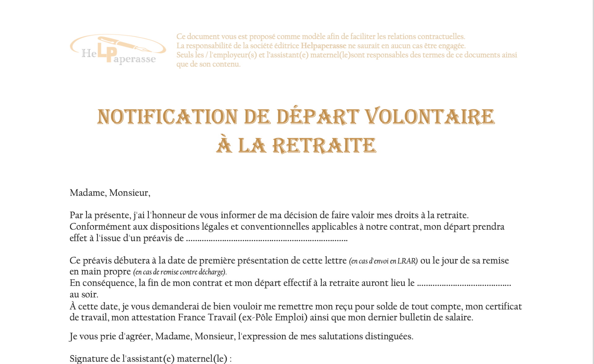 Notification de départ volontaire à la retraite de l'assistant(e) maternel(le)