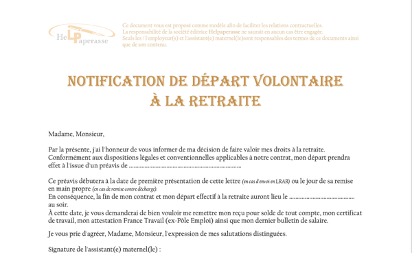 Notification de départ volontaire à la retraite de l'assistant(e) maternel(le)