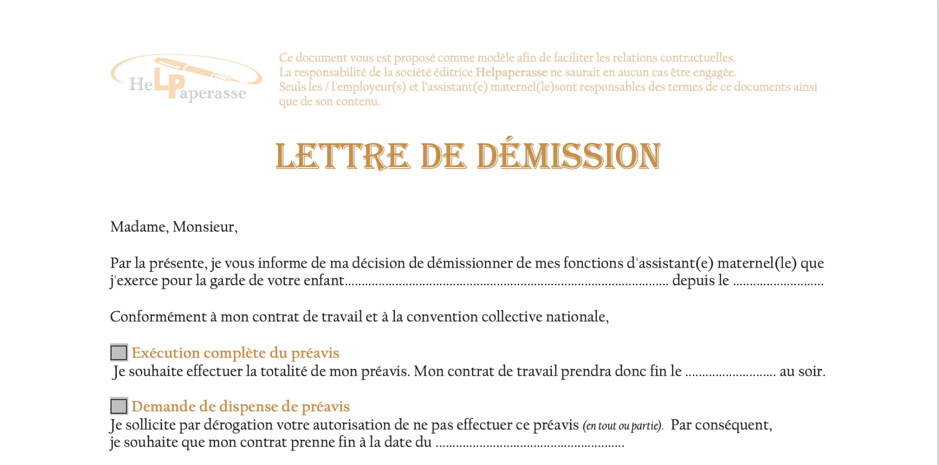 Modèle de Lettre de Démission – Assistant(e) Maternel(le)