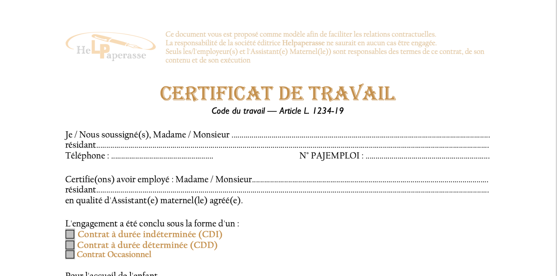 Certificat de travail pour Assistant(e) Maternel(le) (Modèle Prêt à l'Emploi)