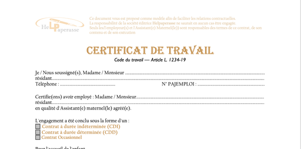 Certificat de travail pour Assistant(e) Maternel(le) (Modèle Prêt à l'Emploi)