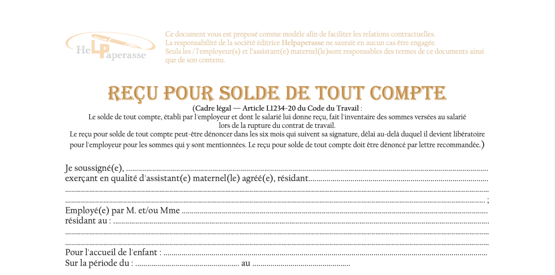 Modèle de Reçu pour Solde de Tout Compte – Assistant(e) Maternel(le)
