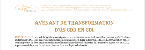 Modèle d'Avenant de Transformation de CDD en CDI – Assistant(e) Maternel(le)