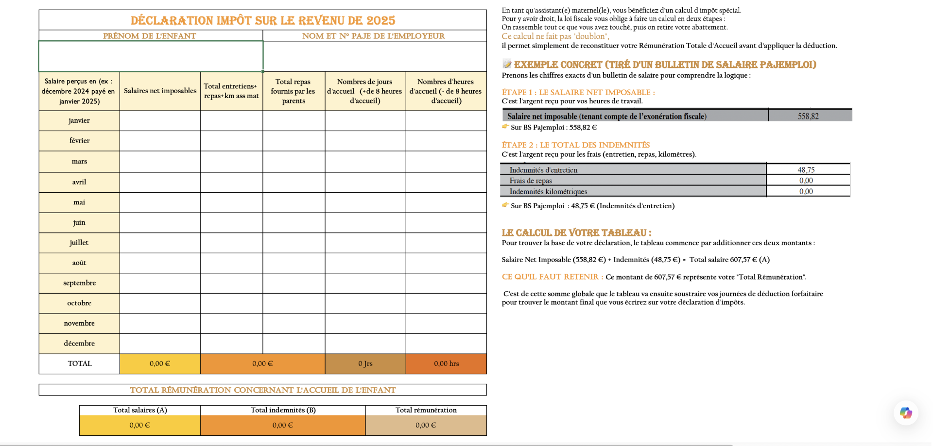 Tableau de Calcul Impôts 2025 – Spécial Assistant(e) Maternell(e)