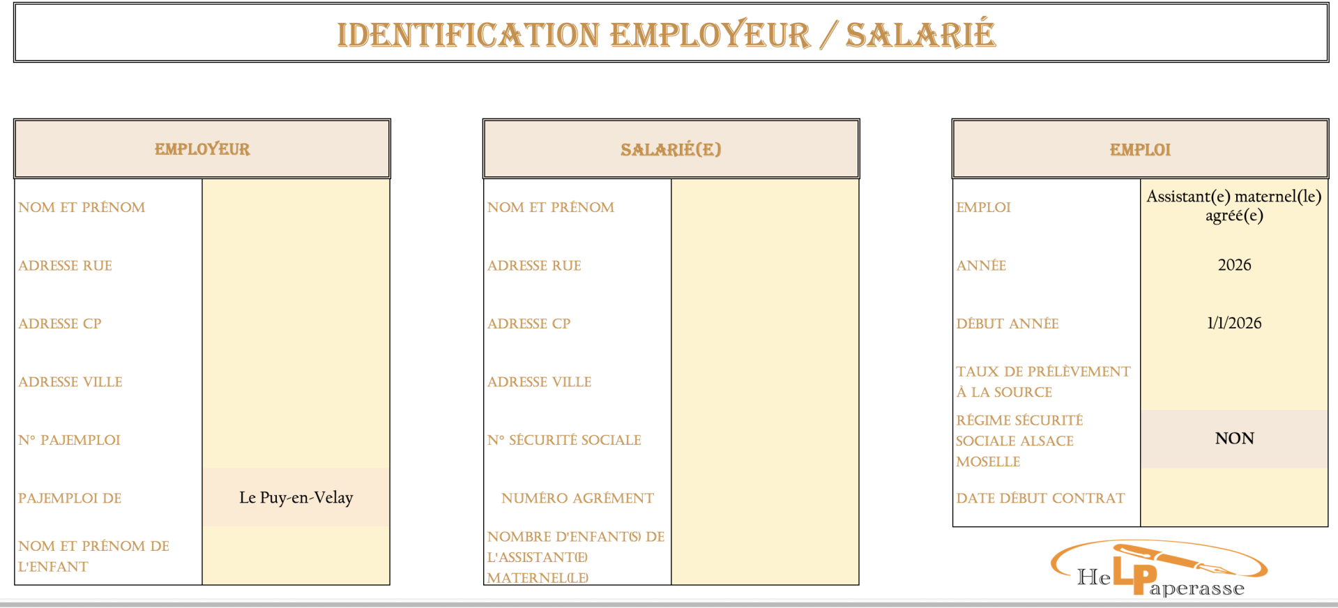 Classeur Excel 2026 – Gestion complète Assistante Maternelle