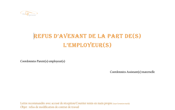 COURRIER DE REFUS D'AVENANT FORMULAIRE