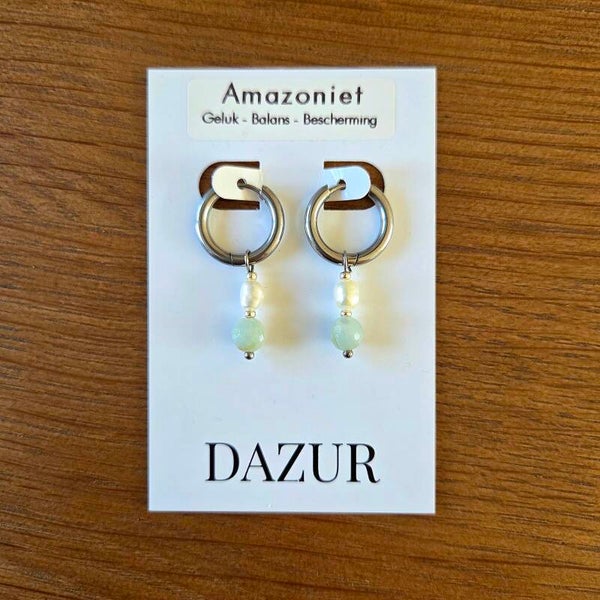 Amazonite & Pearl Hoops Silver