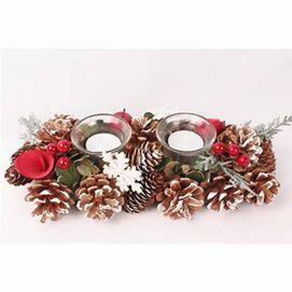 Tealight Holder 2L Pinecone Red Star 30x13x9cm Natural/Red