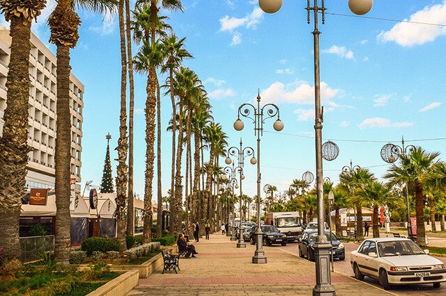 The famous palm-tree-lined Foinikoudes Promenade in Larnaca, an easy and relaxing destination for a coastal day trip.