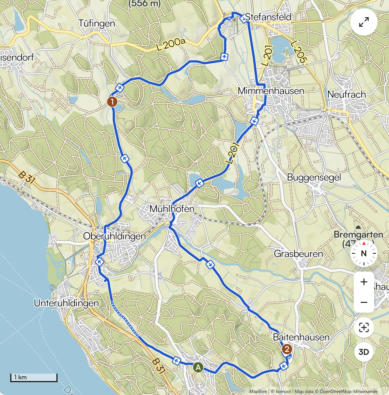 Streckenkarte der Rundtour Affenberg und Schloss Salem ab Daisendorf