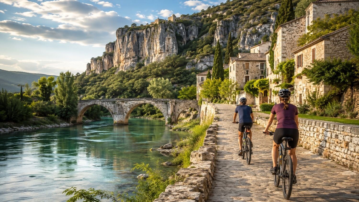 Vélos près d'une rivière et patrimoine