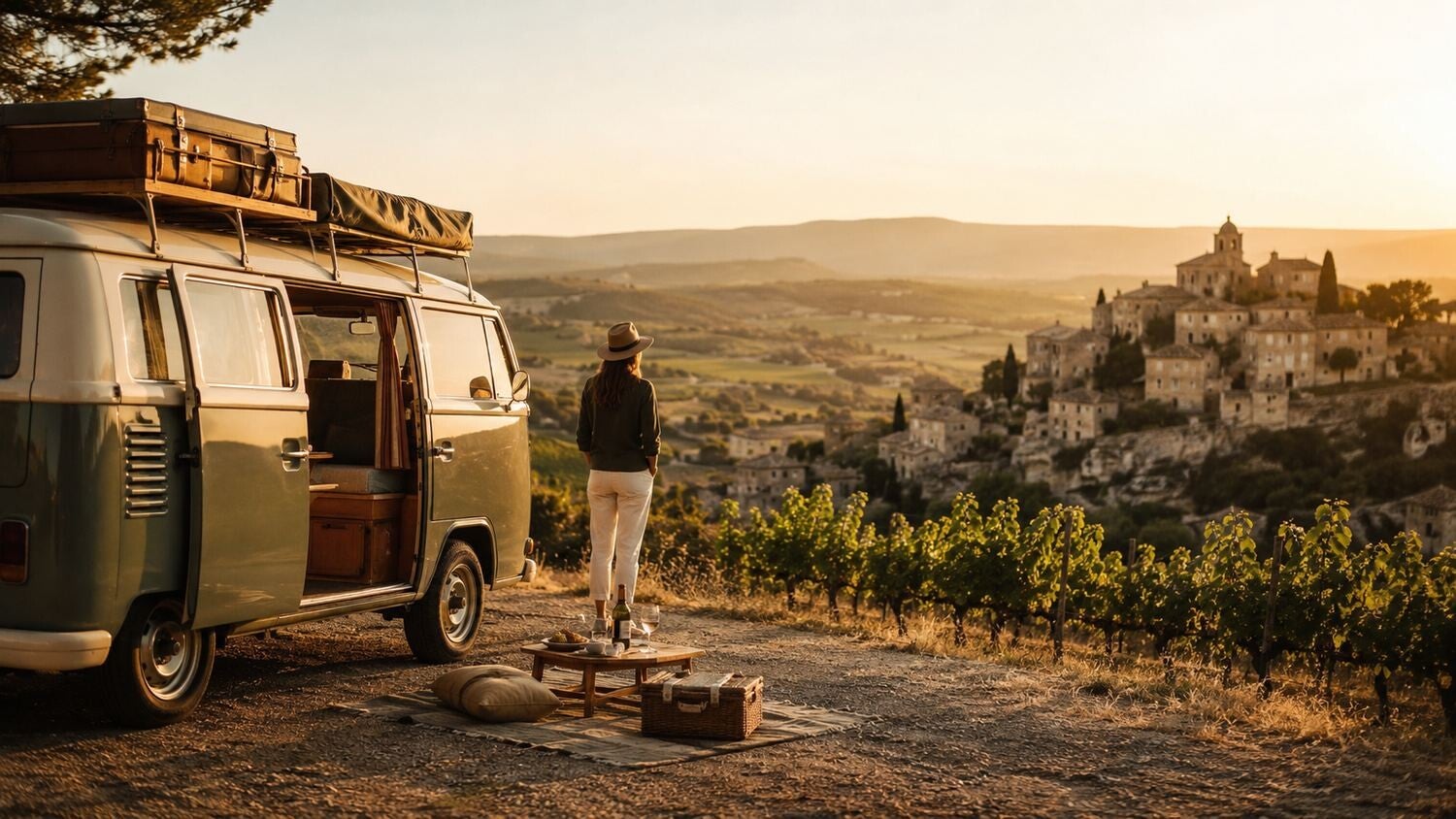 Van dans les vignes au coucher du soleil
