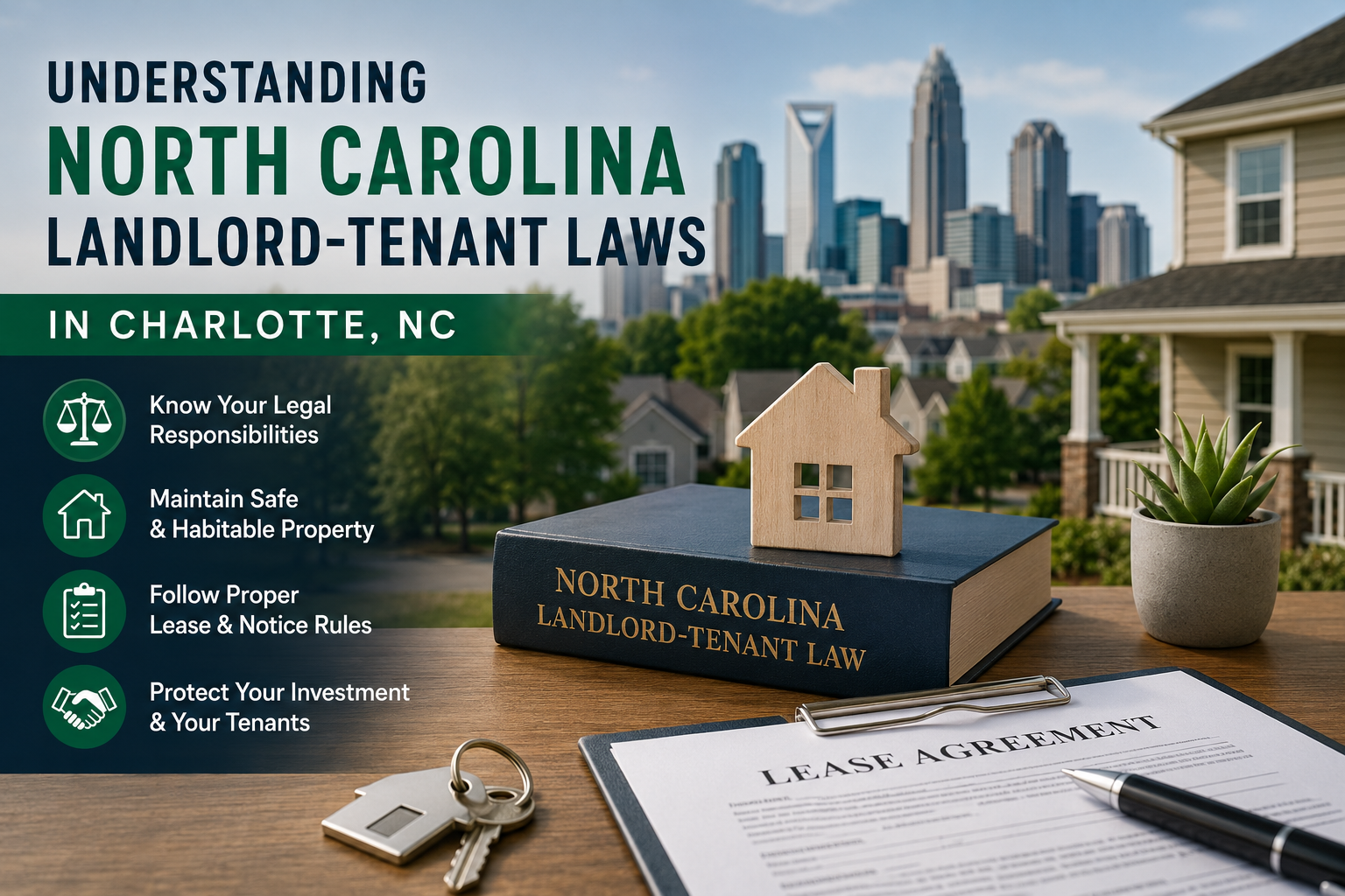 Picture of Charlotte skyline with a book of landlord tenant laws and a toy house on top